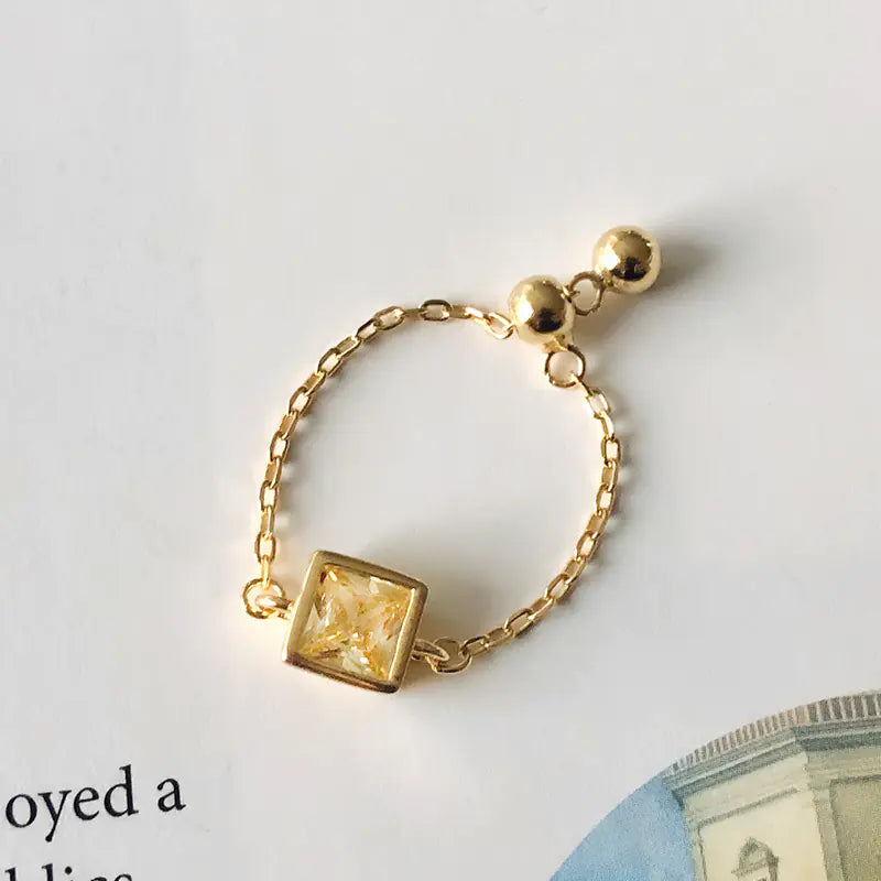 S925 Silver Adjustable Gemstone Chain Ring
