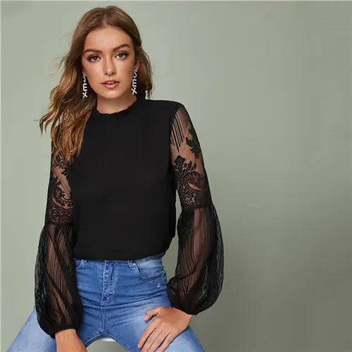Elegant Ladies Lace See-Through Blouse