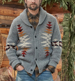 Men's Jacquard Lapel Long Sleeve Sweater Coat