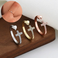 Adjustable Cross Heart Ring with Rhinestones