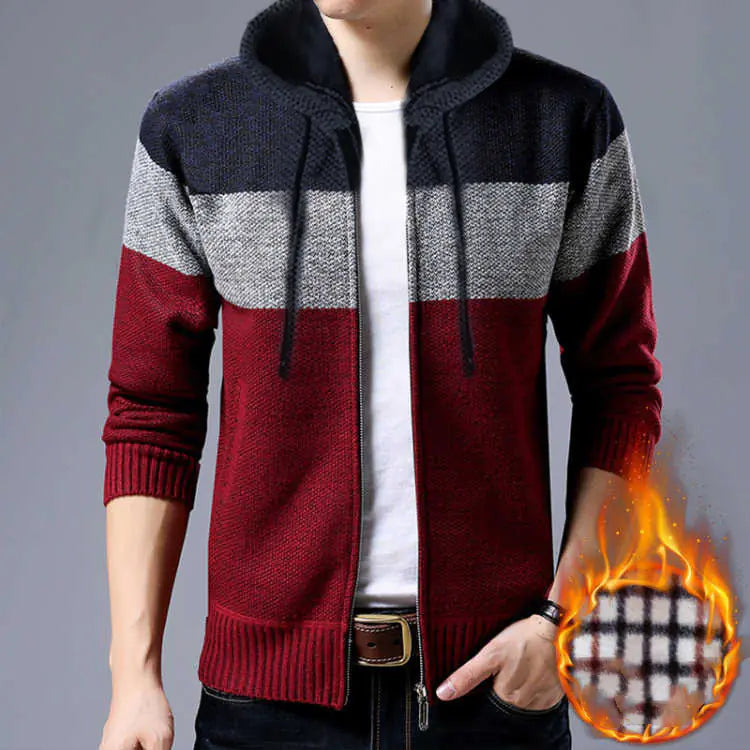 Men's Hooded Color Block Sweater Cardigan Coat