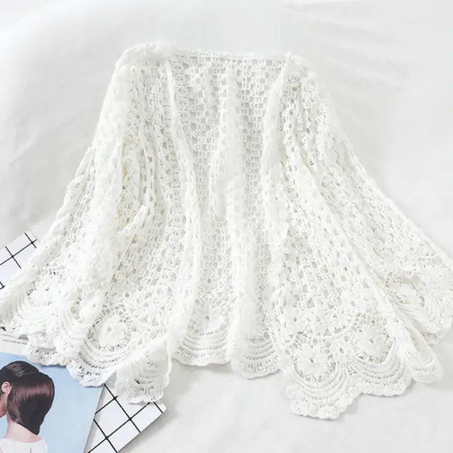 Open Lace Cardigan with Floral Hollow Stitch Design