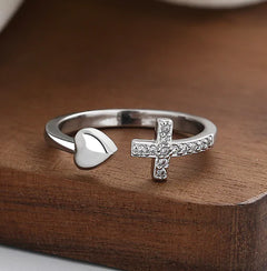 Adjustable Cross Heart Ring with Rhinestones