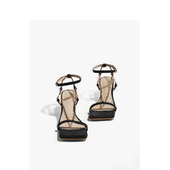 Genuine Leather Square Toe Mid-Stiletto Sandals for Women