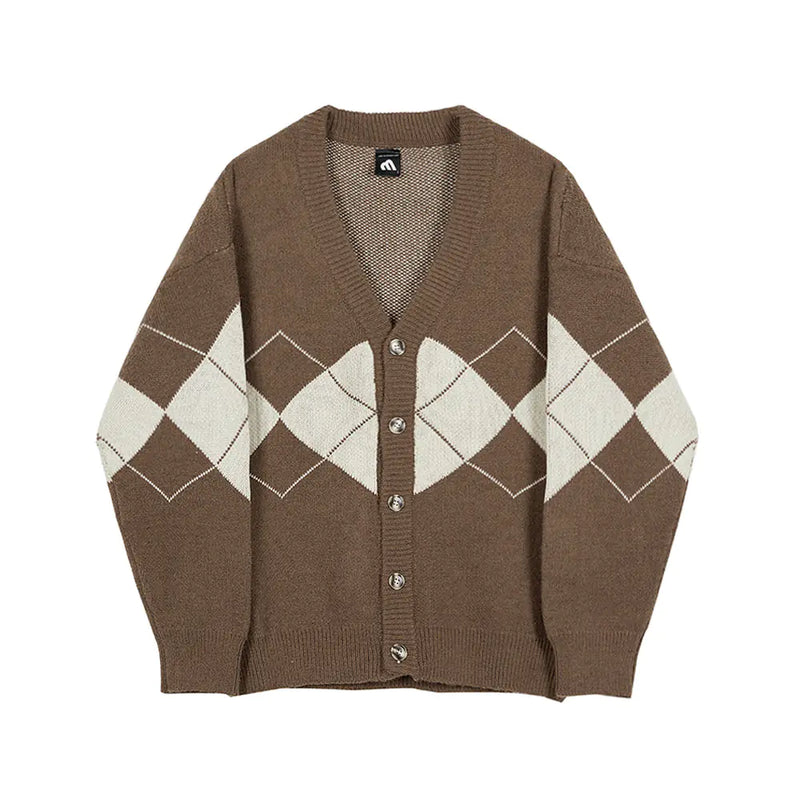 Men's Long-sleeved Sweater - Diamond Check Cardigan