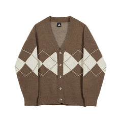 Men's Long-sleeved Sweater - Diamond Check Cardigan