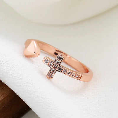 Adjustable Cross Heart Ring with Rhinestones