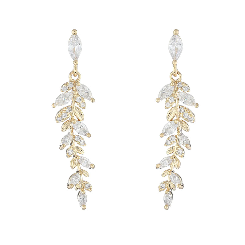 14K Gold Plated Leaf Design Zirconia Earrings