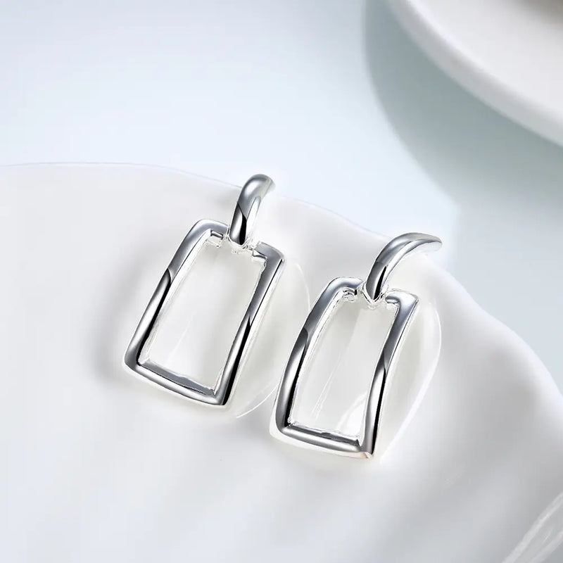 New Long Square Geometric Earrings in Silver