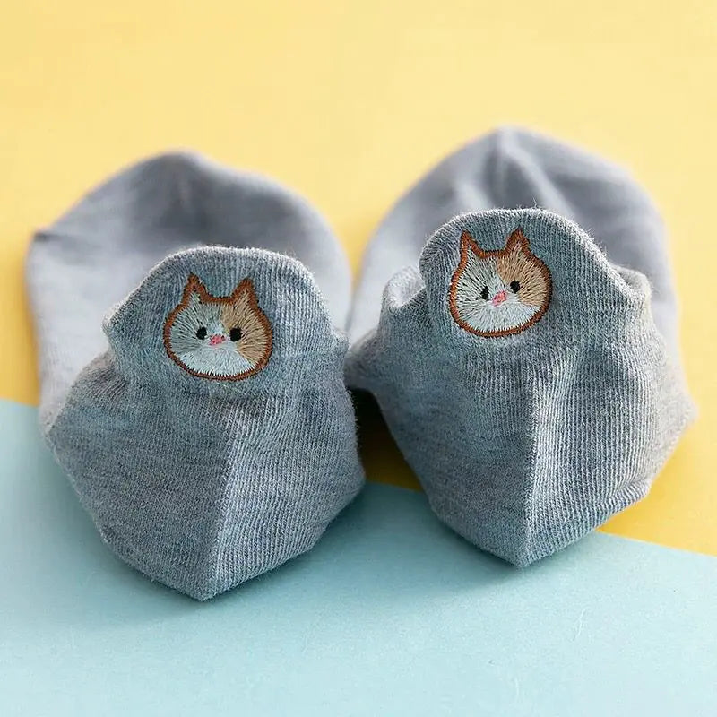 Cute Cotton Cat Boat Socks for Women - Japanese Style