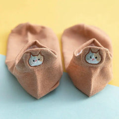 Cute Cotton Cat Boat Socks for Women - Japanese Style