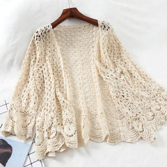 Open Lace Cardigan with Floral Hollow Stitch Design