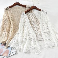 Open Lace Cardigan with Floral Hollow Stitch Design