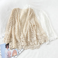 Open Lace Cardigan with Floral Hollow Stitch Design